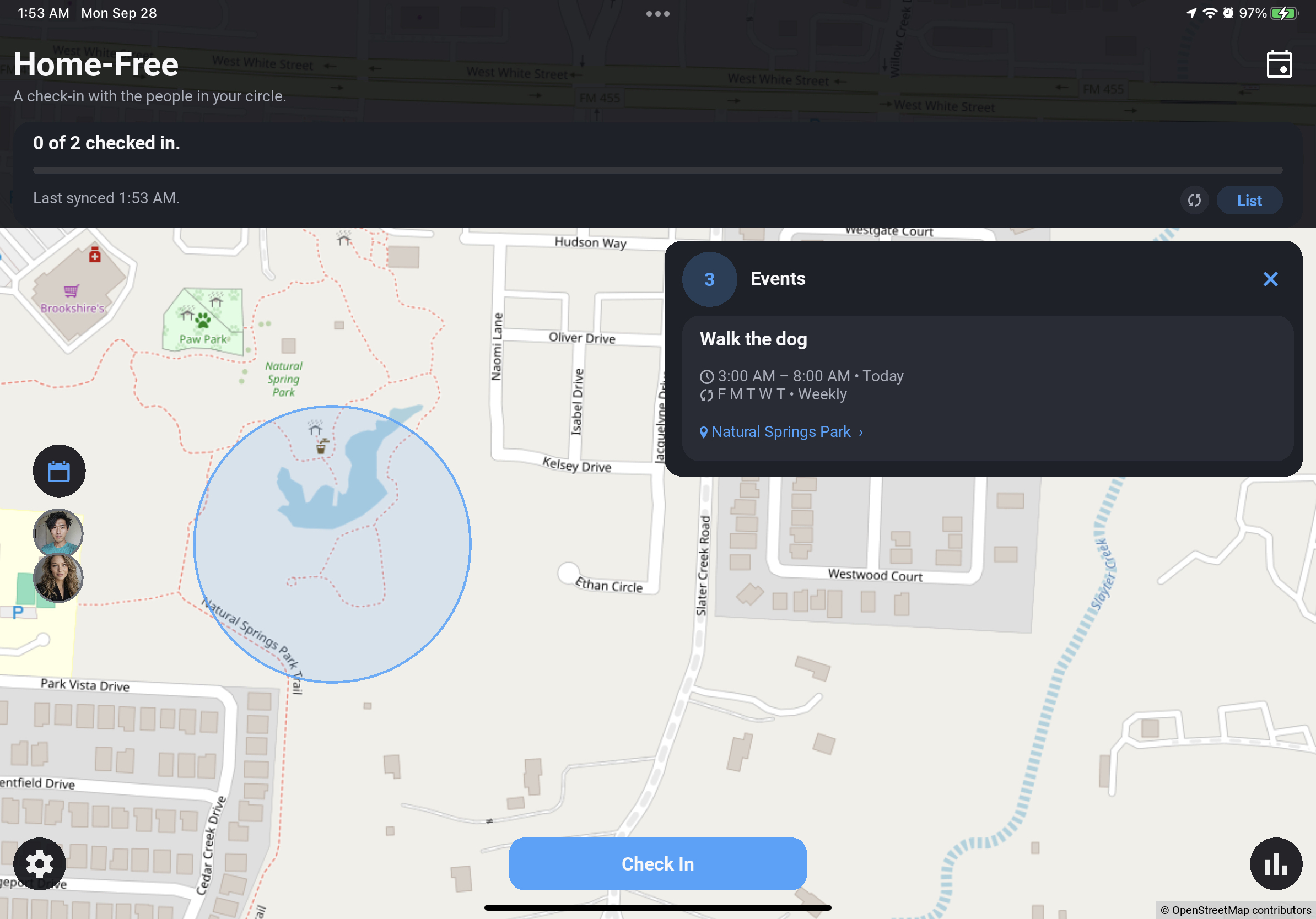 Home-Free circle check-in tablet view